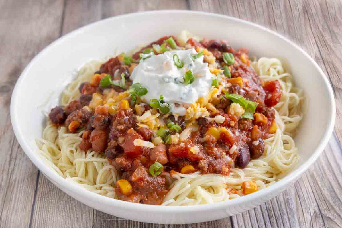 slow cooker chili served cincinnati style.