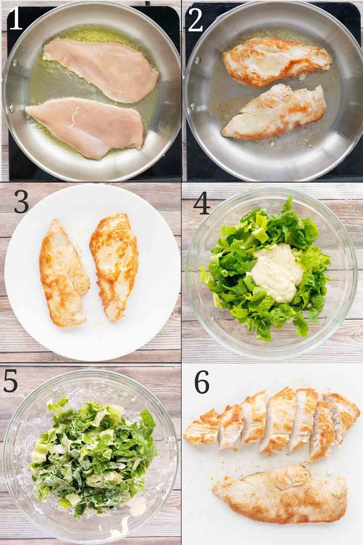 Step-by-step pictures on how to make a grilled chicken Caesar salad.