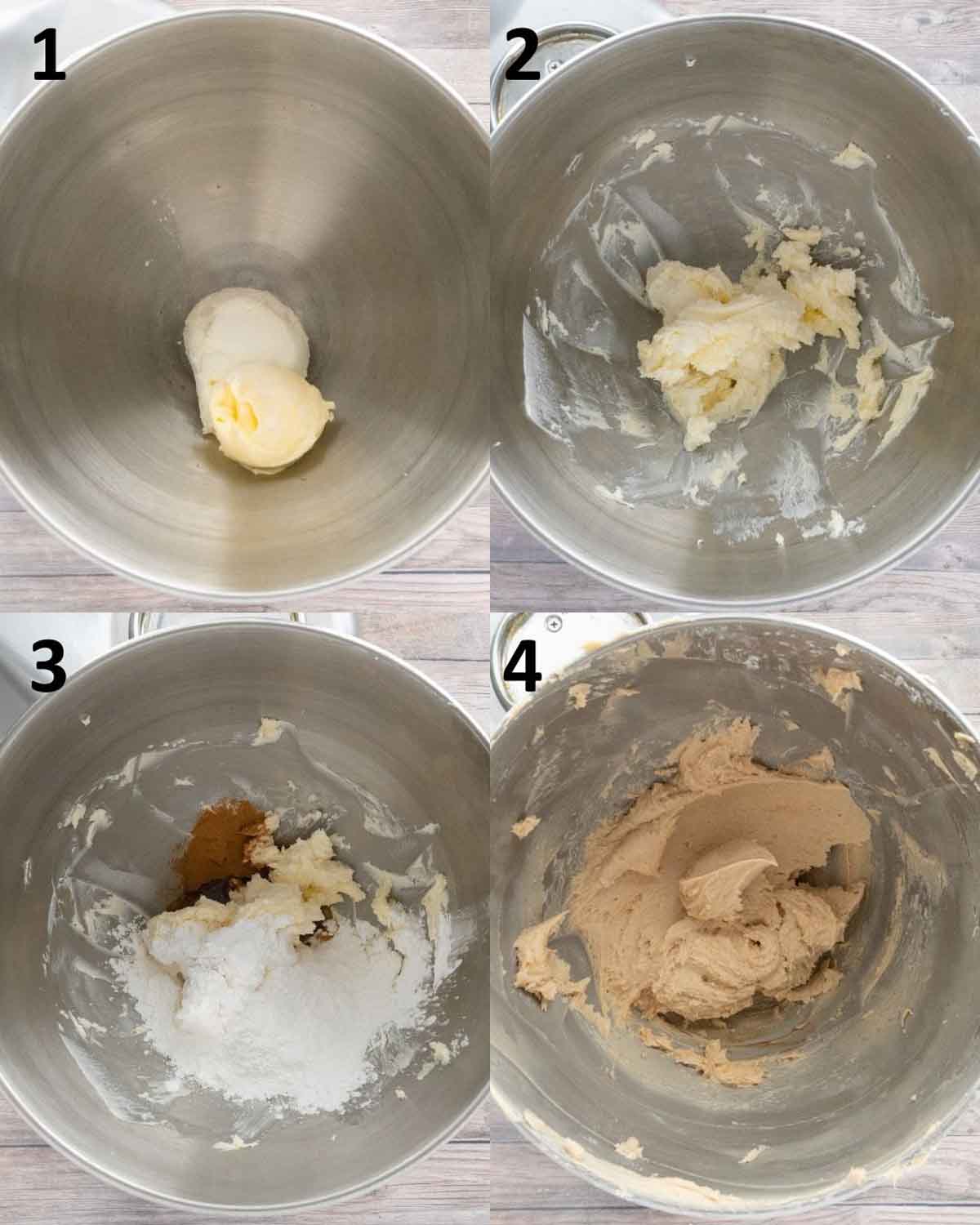Step-by-step instructions to make Irish Potatoes Candy. 

1.Add softened cream cheese and butter to a large mixing bowl. 
2.Using the paddle feature on your mixer, mix on low for 1 minute until fully combined. 
3.Add half of the powdered sugar, vanilla extract, and 1 teaspoon of cinnamon to a mixing bowl. 
* Adding a touch of cinnamon to the Irish potato mixture really enhances the flavor. This step is where most recipes miss out. 
4.Turn the mixer on the lowest setting and combine. Slowly add the remaining confectioners’ sugar until all is added, then mix until smooth. 
