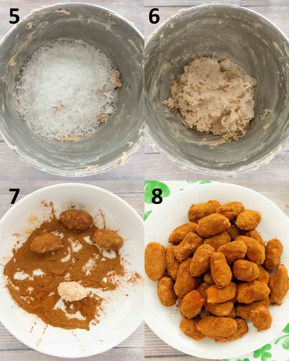 Step-by-Step instructions on how to make Irish Potato Candy. 
5.Add the shredded coconut to the mixing bowl and set the mixer on the lowest setting. 6.Combine all the shredded coconut with the sweet, creamy mixture. 
7.Add the remaining cinnamon to a shallow bowl or pie dish. 
Use a teaspoon to scoop out the cream cheese and sugar mixture, then roll it into small potato-sized bites. 
8. Place the potatoes in the cinnamon and roll them around in the dish to fully coat them. 
Repeat the process until the mixture is fully coated. 
